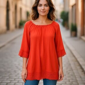 Sacred Threads Peasant Tunic Top Crochet Trim Bohemian Blouse One Size